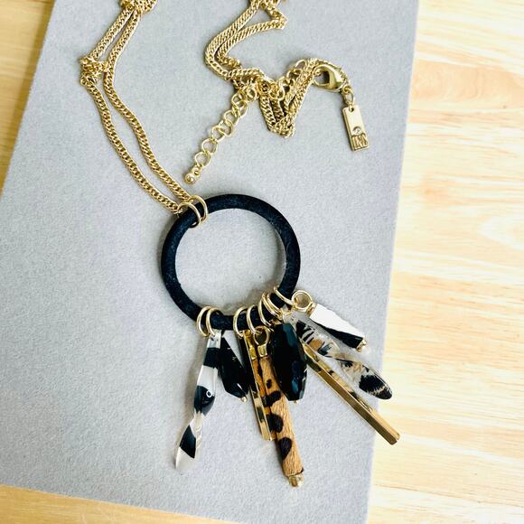 INC Gold Tone Black Felt Round Pendant Animal Print Bead Dangles Necklace - Picture 5 of 5